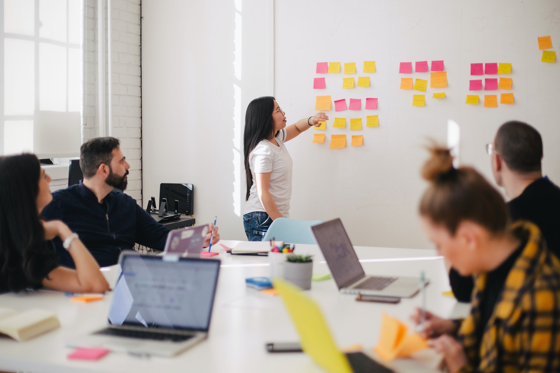 business planning meeting with leader using whiteboard