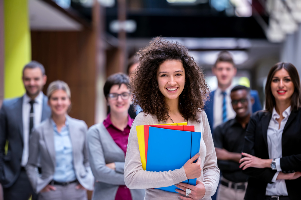 young diverse business people group walking standing and top view